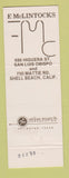 Matchbook Cover - F McLintocks Saloon Restaurant Shell bEach San Luis Obispo CA