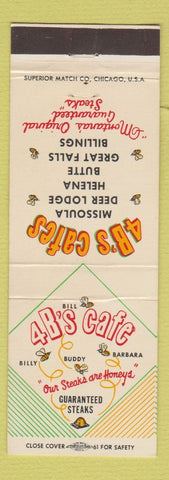 Matchbook Cover - 4B's Cafe Missoula Deer Lodge Helena Butte Billings MT