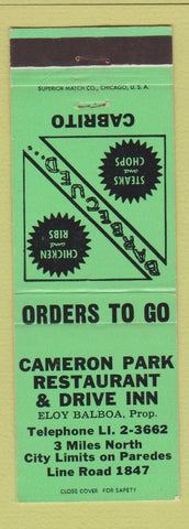 Matchbook Cover - Cameron Park Restaurant Drive Inn BBQ Brownsville TX