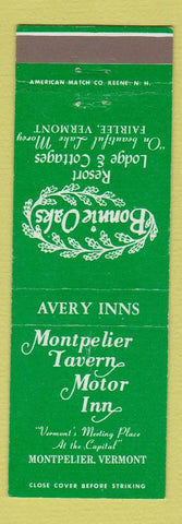 Matchbook Cover - Montpelier Tavern Motor Inn VT Bonnie Oaks Fairlee VT