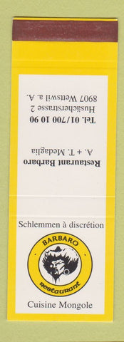 Matchbook Cover - Barbaro Restaurant Mongolian Wettswil Switzerland SAMPLE