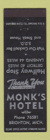Matchbook Cover - Monk's Hotel Brighton MI