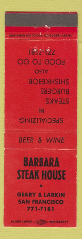 Matchbook Cover - Barbara Steak House San Francisco CA