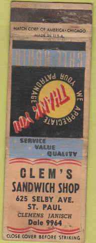 Matchbook Cover - Clem's Sandwich Shop St Paul MN WORN