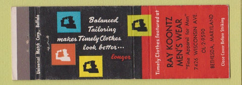 Matchbook Cover - Timely Men's Clothes Ray Koontz Bethesda MD