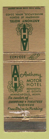 Matchbook Cover - Anthony Hotel Minneapolis MN WEAR