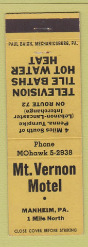 Matchbook Cover - Mount Vernon Motel Manheim PA