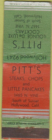 Matchbook Cover - Pitt's Cocktails Hollywood CA CREASES