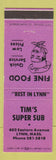 Matchbook Cover - Tim's Super Sub Lynn MA