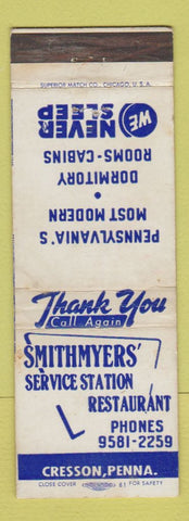 Matchbook Cover - Smithmyers oil gas Restaurant Cabins Cresson PA WEAR