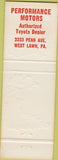 Matchbook Cover - Performance Motors Toyota West Lawn PA