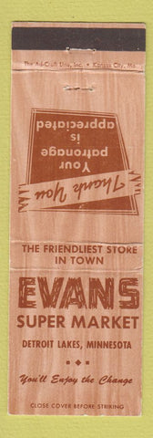 Matchbook Cover - Evans Super Market Grocery Detroit Lakes MN