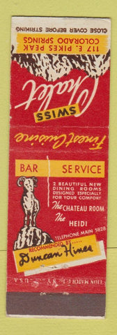 Matchbook Cover - Swiss Chalet Restaurant Colorado Springs