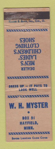 Matchbook Cover - WH Myster Clothes Hayfield MN WEAR