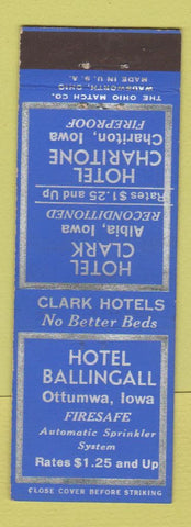Matchbook Cover - Clark Hotels Ottumwa Chariton Albia IA