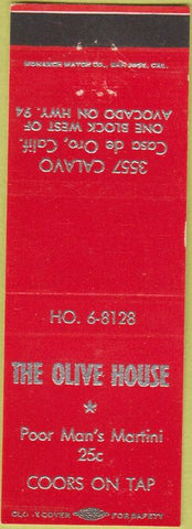 Matchbook Cover - The Olive House Coors Beer Casa De Oro CA red