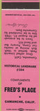 Matchbook Cover - Fred's Place Camanche CA pink