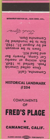 Matchbook Cover - Fred's Place Camanche CA pink