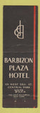Matchbook Cover - Barbizon Plaza Hotel New York City