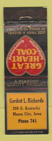 Matchbook Cover - Great Heart Coal Gordon Richards Mason City IA WORN