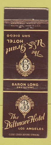 Matchbook Cover - Biltmore Hotel Los Angeles CA  US Grant Hotel San Diego CA