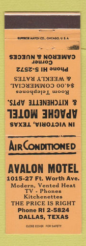 Matchbook Cover - Avalon Motel Dallas TX Apache Motel Victoria TX