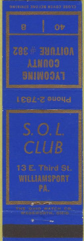Matchbook Cover - Lycoming County SOL Club Williamsport PA