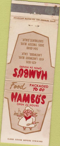 Matchbook Cover - Hambo's Hamburgers Southgate Lakewood CA WEAR