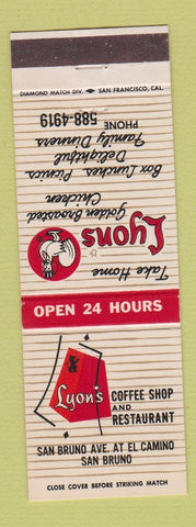 Matchbook Cover - Lyon's Coffee Shop Resetaurant San Bruno CA