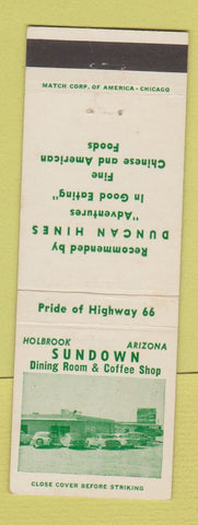 Matchbook Cover - Sundown Restaurant Holbrook AZ Route 66