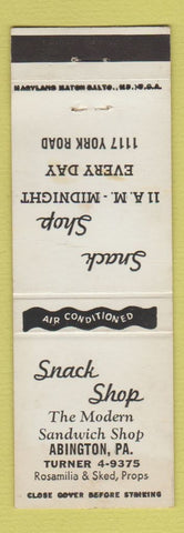 Matchbook Cover - Snack Shop Restaurant Abington PA