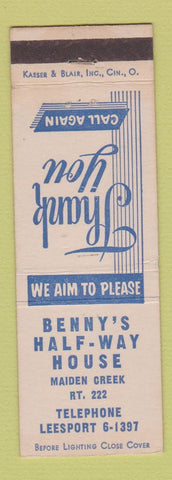 Matchbook Cover - Benny's Half Way House Maiden Creek PA