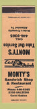 Matchbook Cover - Monty's Sandwich Shop Restaurant Coral Gables FL WORN