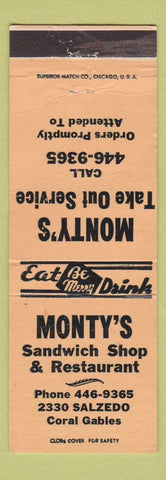 Matchbook Cover - Monty's Sandwich Shop Restaurant Coral Gables FL WORN