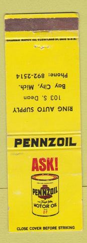 Matchbook Cover - Pennzoil oil gas Ring Auto Supply Bay City MI