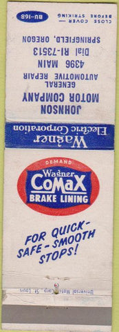 Matchbook Cover - Wadner Comak Brake Lining Springfield OR WEAR