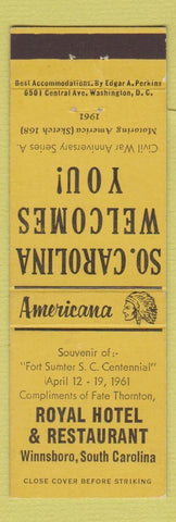 Matchbook Cover - Royal Hotel Restaurant Winnsboro SC Perkins Americana