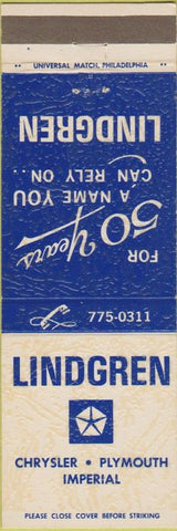 Matchbook Cover - Lindgren Chrysler Plymouth Imperial Reading PA