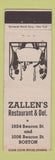 Matchbook Cover - Zallen's Restaurant Deli Boston MA