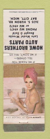 Matchbook Cover - Howe Brothers Auto Parts Bay City MI pinup WEAR
