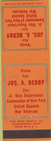 Matchbook Cover - Jos A Beddy Vice Commander NY War Vets