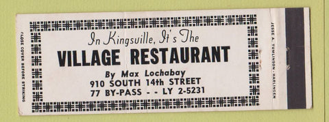 Matchbook Cover - Village Restaurant Kingsville TX Full Length