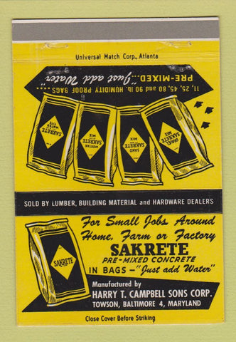 Matchbook Cover - Sakrete Concrete Towson MD 40 Strike