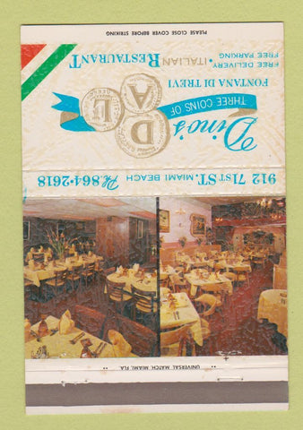 Matchbook Cover - Dino's Three Coins Restaurant Miami Beach FL 40 Strike