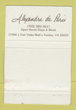Matchbook Cover - Alexandre De Paris Fairfax VA 40 Strike