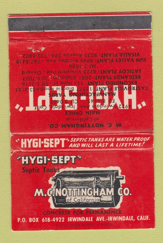Matchbook Cover - MC Nottingham Concrete Septic Tank Irwindale CA WEAR 40 Strike