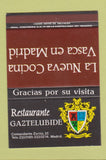 Matchbook Cover - Restaurante Gaztelubide Madrid Spain SAMPLE WEAR 40 Strike