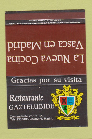 Matchbook Cover - Restaurante Gaztelubide Madrid Spain SAMPLE WEAR 40 Strike