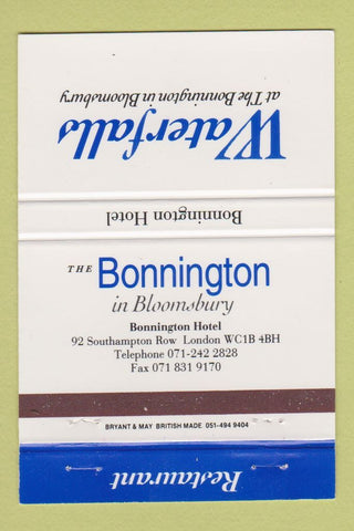 Matchbook Cover - Waterfalls Bonnington Hotel London UK England 40 Strike