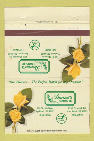 Matchbook Cover - Durant's Flowers Ann Arbor Ypsilanti MI WEAR 40 Strike